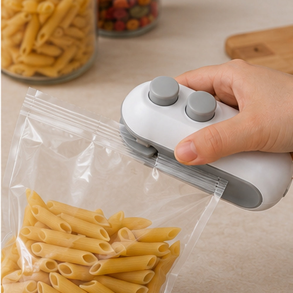 Handheld heat sealer sealing a pasta food bag