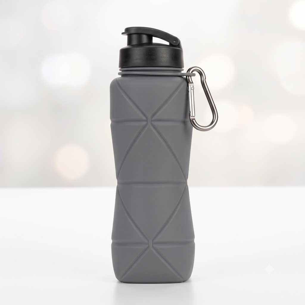 Foldable Silicone Water Bottle (500ml) – Portable Travel & Gym Soft Flask with Carabiner